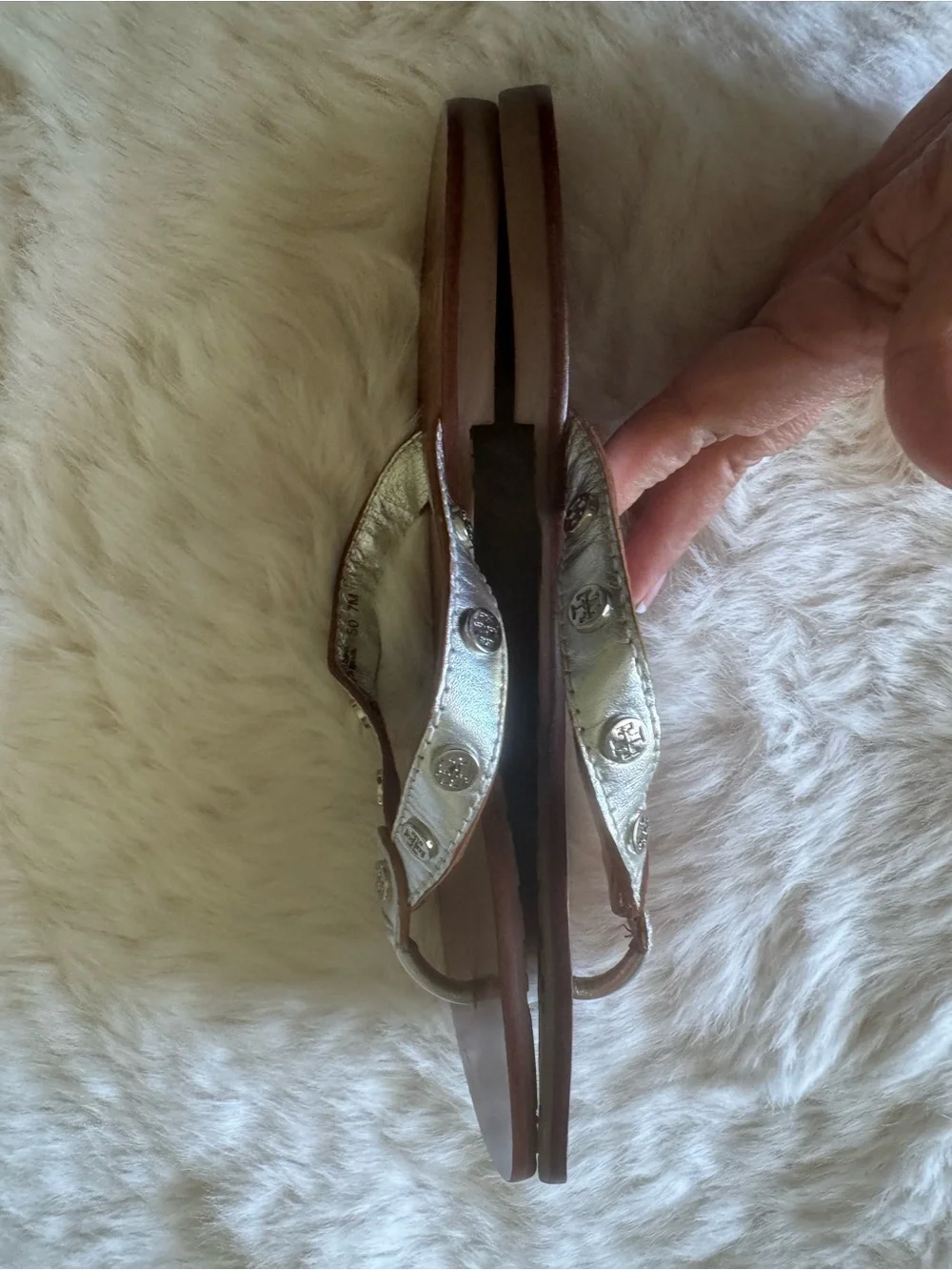 Tory Burch Silver Metallic Leather Thong Sandals